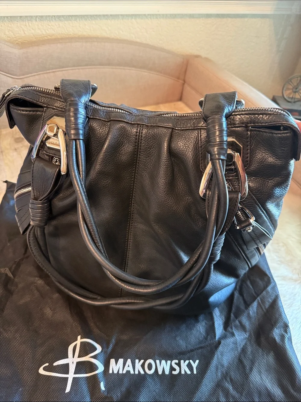 B. Makowsky Black Leather Hobo Bag with heavy silver hardware